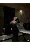 Kadın Günlük Kayık Yaka Uzun Kol A Kesim Abiye Elbise-2