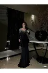 Kadın Günlük Kayık Yaka Uzun Kol A Kesim Abiye Elbise-1