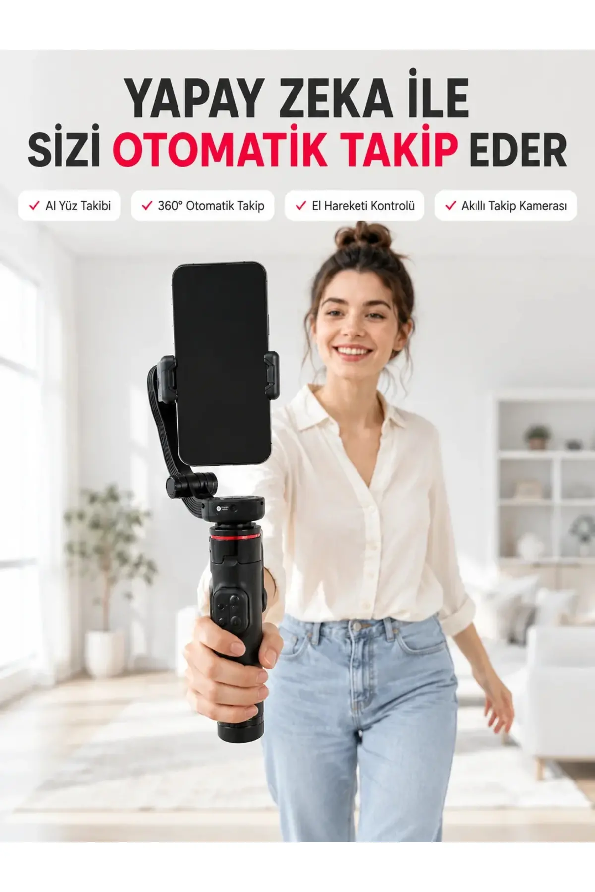 AI Yüz Takip Özellikli Gimbal Selfie Stick 360° Dönebilen Telefon Tutucu Uzayabilir Bluetooth Kumand