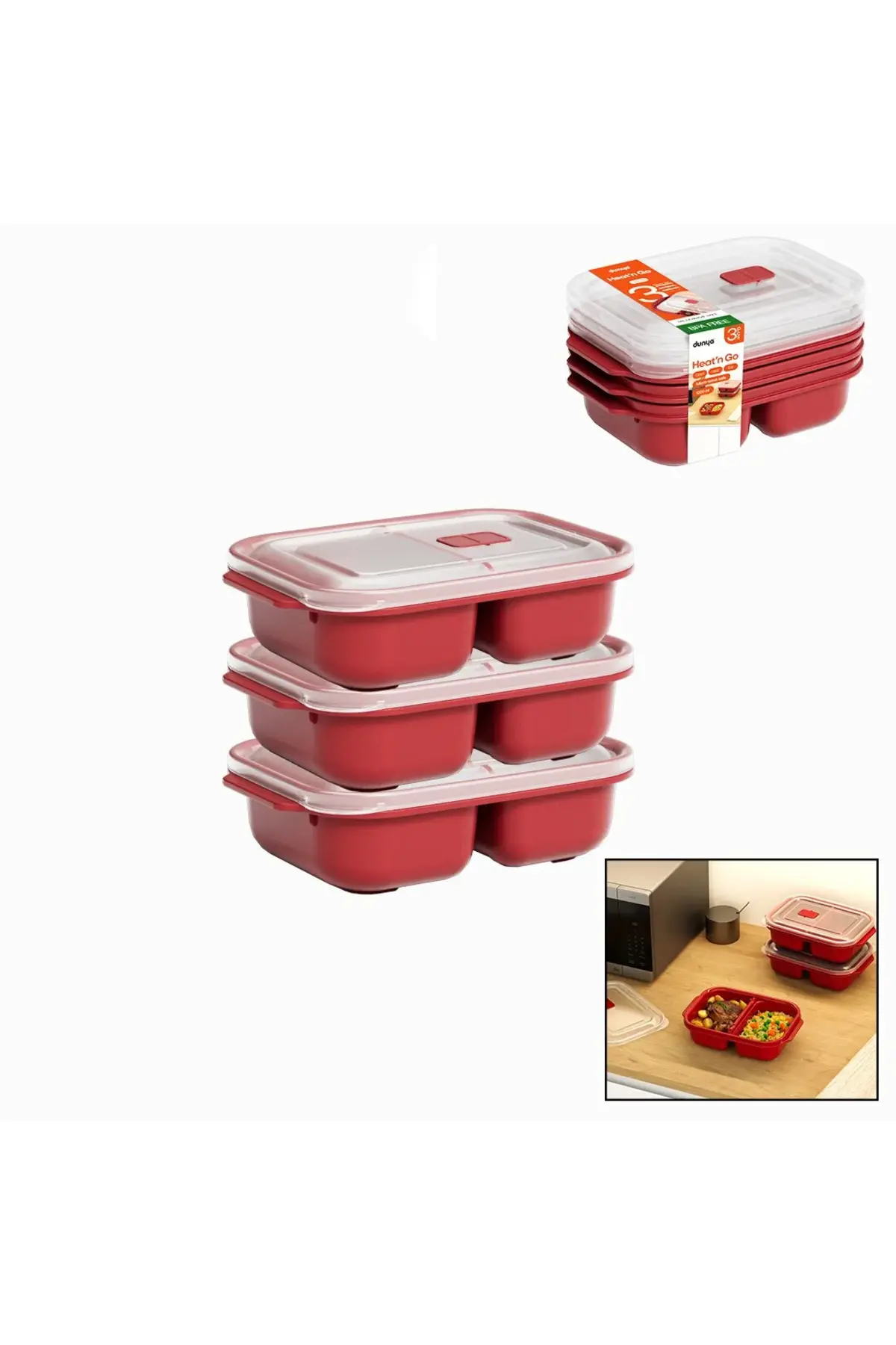 3 Pcs Kırmızı Bölme Dikdörtgen Saklama Kabı Seti 1200ML