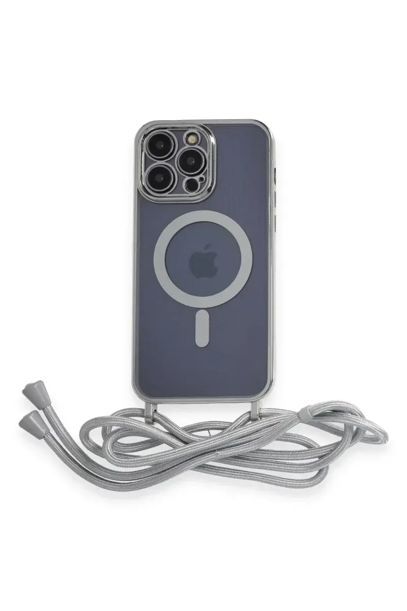 Apple iPhone 12 Pro Max Kılıf Divo Lazer Askılı Magsafe Kapak - Gümüş