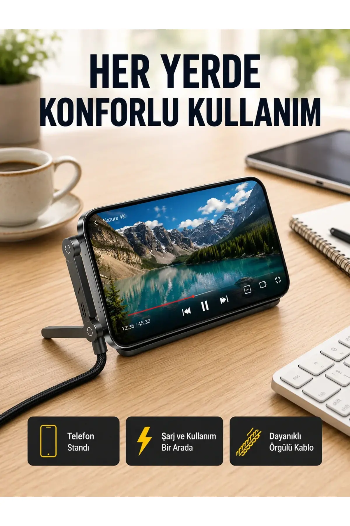 240W Type-C to Type-C Katlanabilir Standlı Hızlı Şarj Kablosu