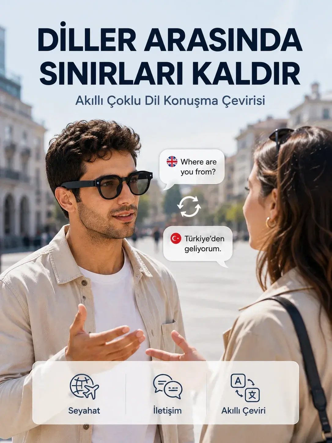 Siyah AI Akıllı Gözlük Fotoğraf Video Ses Kayıtlı Çoklu Dil Çeviri Bluetooth Bağlantılı 3 Lensli