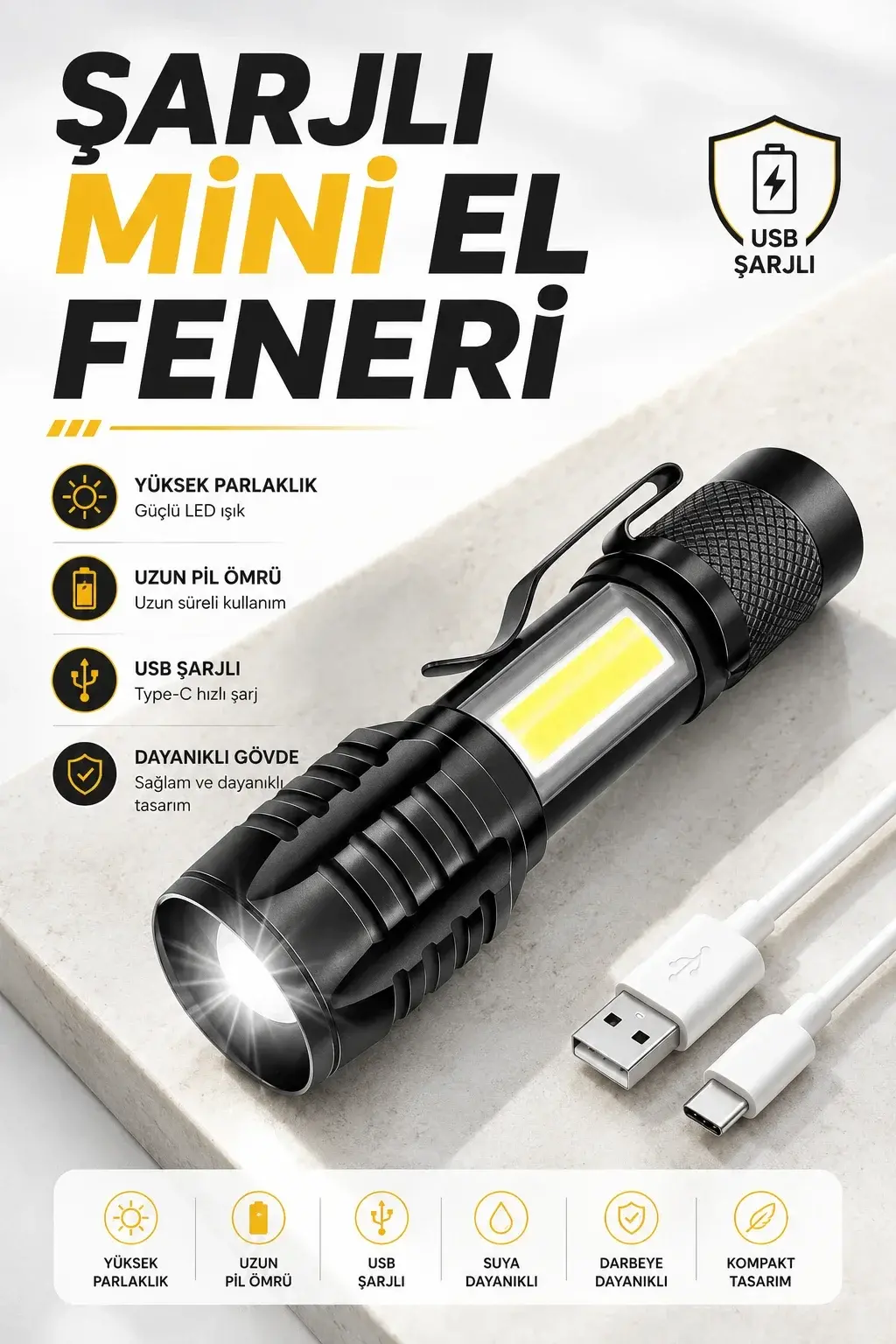 El Feneri Led USB Şarjlı Zoom Mini Led Işık Acil Durum Feneri
