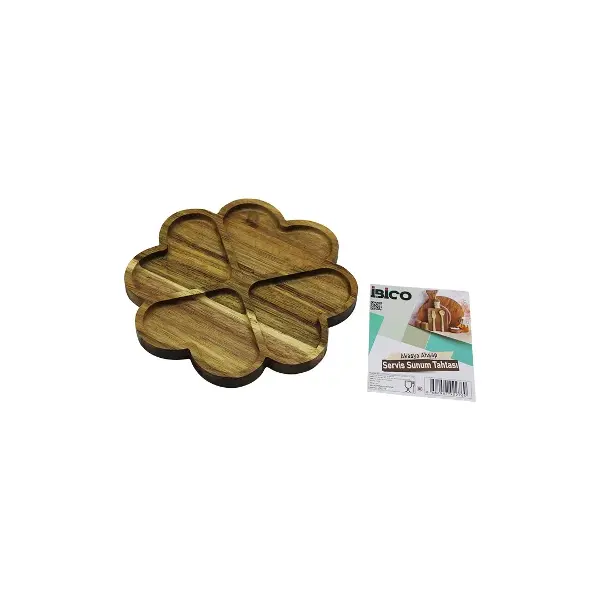 Akasya Yuvarlak 4 Kalp Bölmeli Ahşap Servis Sunum Tepsi - Tahtası 21 X 1.4CM