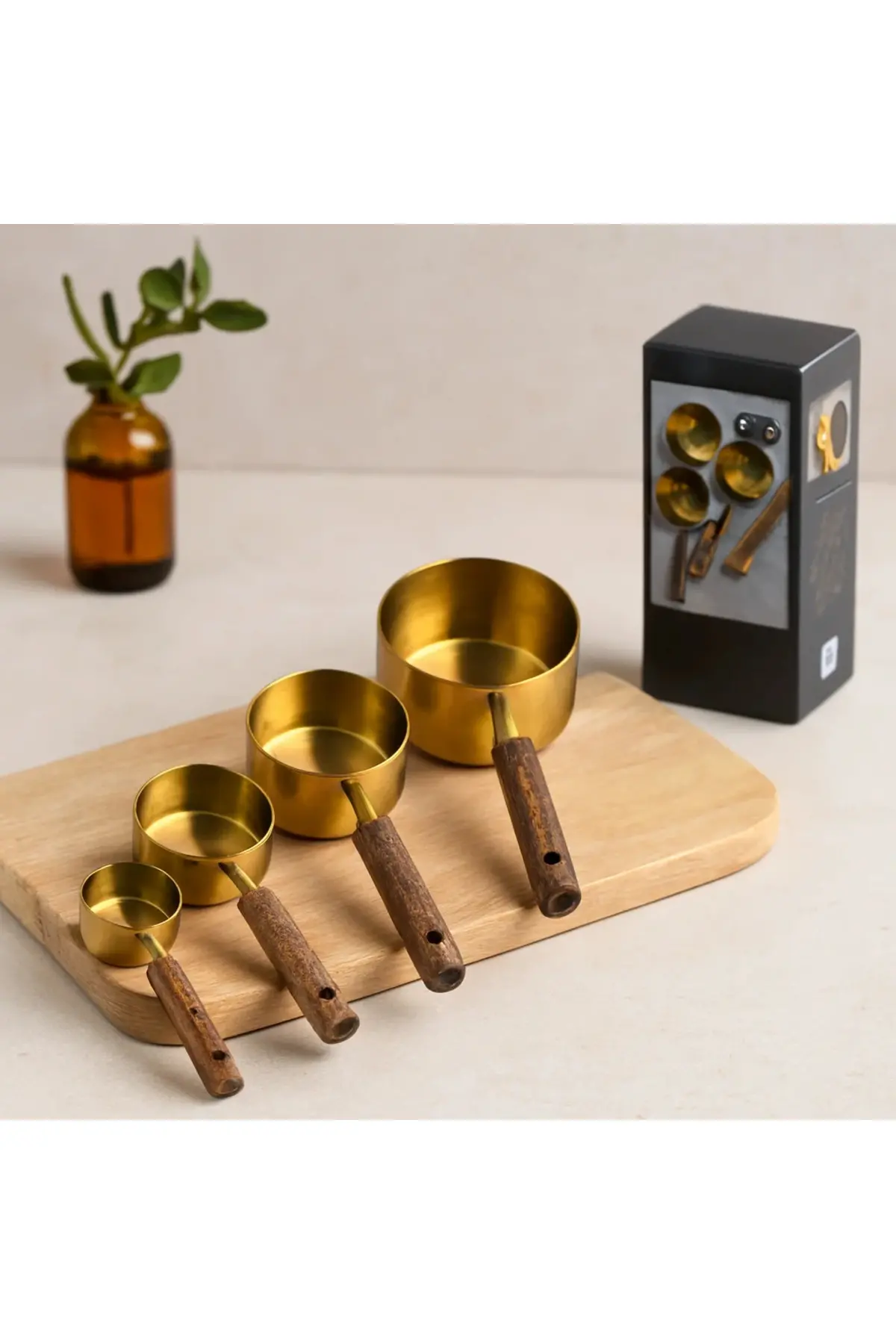 4'lü ölçü kaşık seti (250/125/80/60 ml) - gold metal ahşap saplı