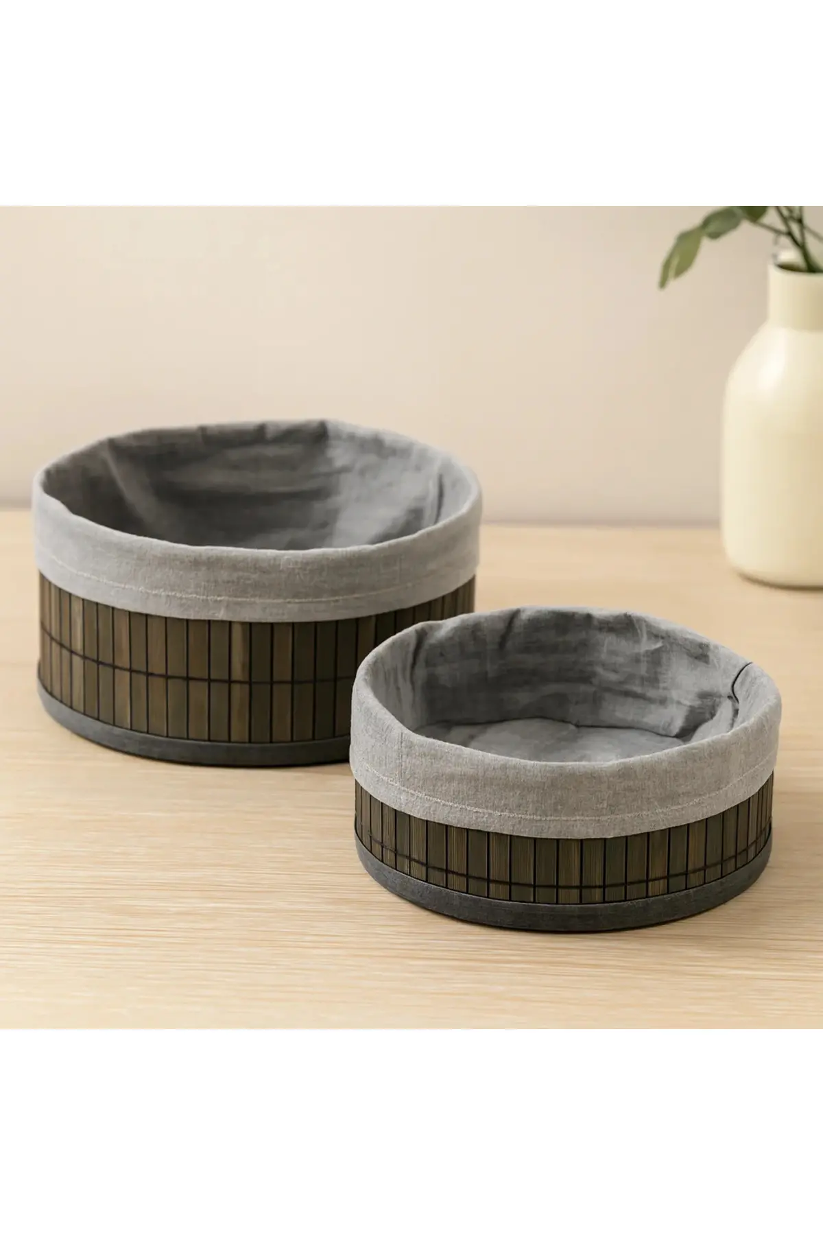 Yuvarlak Organizer Sepet - Bambu Kenarlı Ahşap Taban Bezli (Çap 22x24 cm)