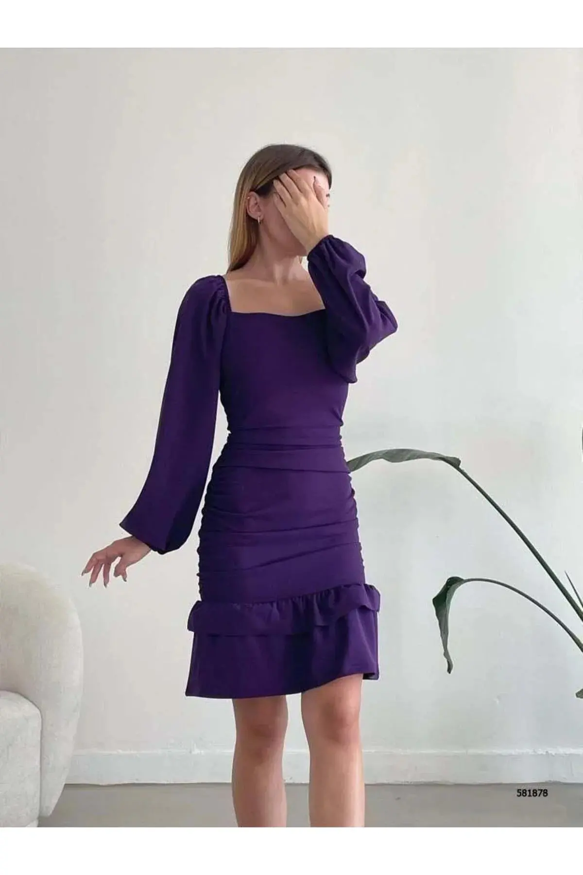 Kadın Şık Model Kare Yaka Uzun Kol Elbise