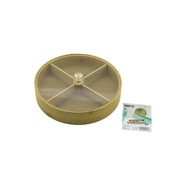Yuvarlak 4 BÖLMELİ=2IN1=BÖLMESİZ Çok Amaçlı Kutu Ahşap Bambu Servis Sunum Tepsi - Tahtası 22CM