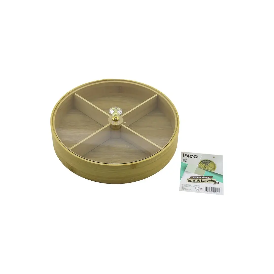Yuvarlak 4 BÖLMELİ=2IN1=BÖLMESİZ Çok Amaçlı Kutu Ahşap Bambu Servis Sunum Tepsi - Tahtası 22CM