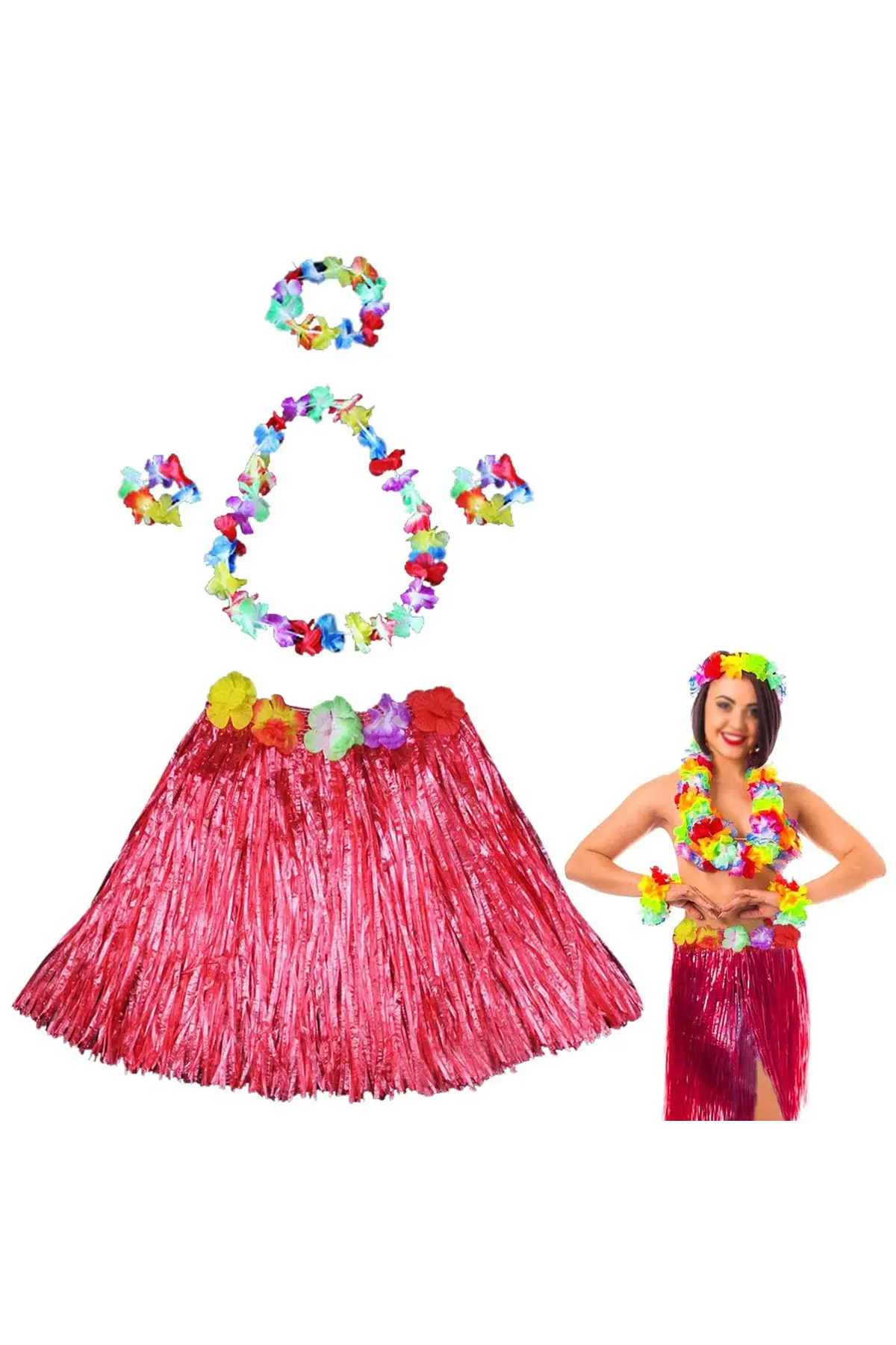 Hawaii Dans Kostümü – Kırmızı Hula Etek Çiçek Kolye Seti