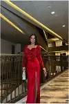 Kadın Minimal Esnek Kadife Kumaş V Yaka Yırtmaçlı Abiye Elbise-2