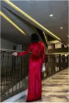 Kadın Minimal Esnek Kadife Kumaş V Yaka Yırtmaçlı Abiye Elbise-3