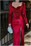 Kadın Minimal Esnek Kadife Kumaş V Yaka Yırtmaçlı Abiye Elbise-4