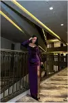 Kadın Minimal Esnek Kadife Kumaş V Yaka Yırtmaçlı Abiye Elbise-5