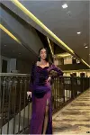 Kadın Minimal Esnek Kadife Kumaş V Yaka Yırtmaçlı Abiye Elbise-7