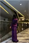 Kadın Minimal Esnek Kadife Kumaş V Yaka Yırtmaçlı Abiye Elbise-8