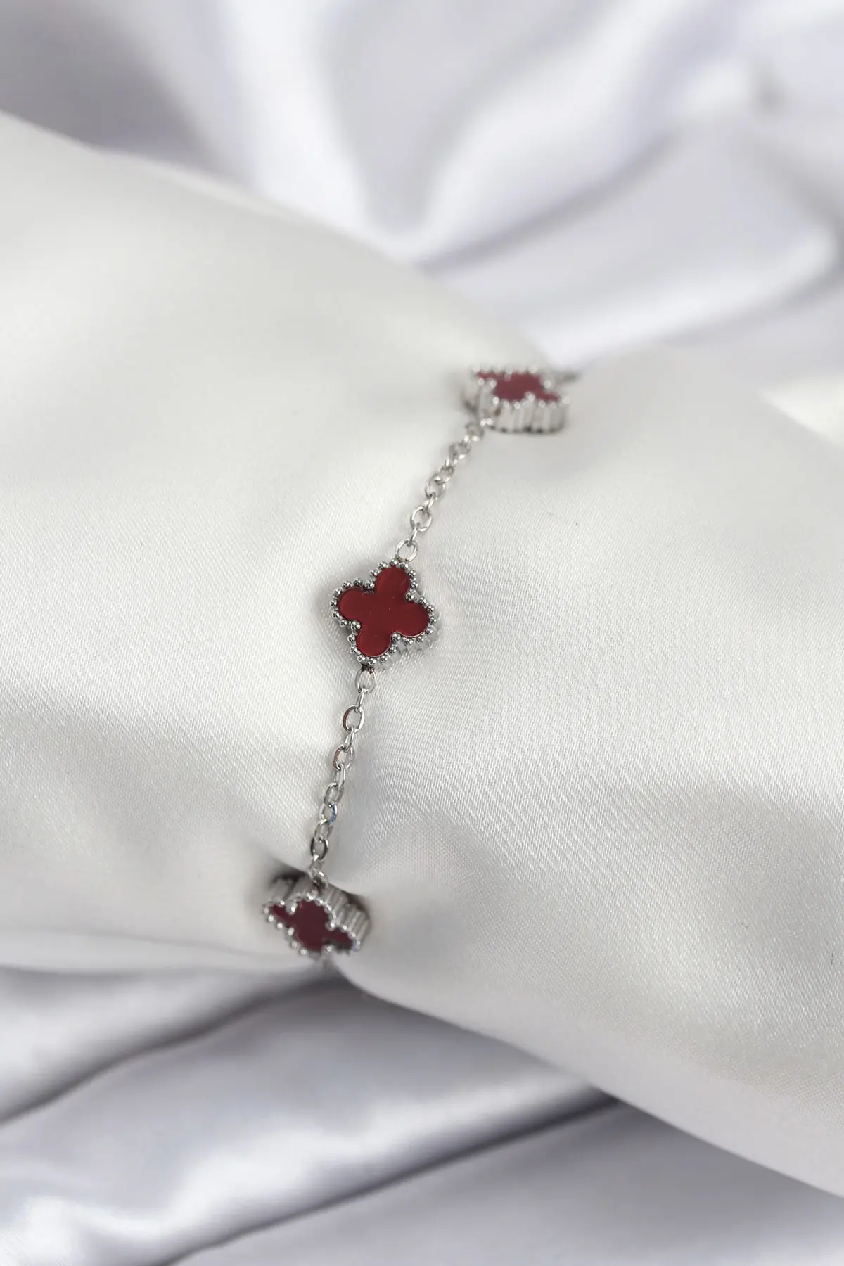 316L Çelik Gümüş Renk Bordo Baby Boy Yonca Kadın Bileklik - TJ-BB7951