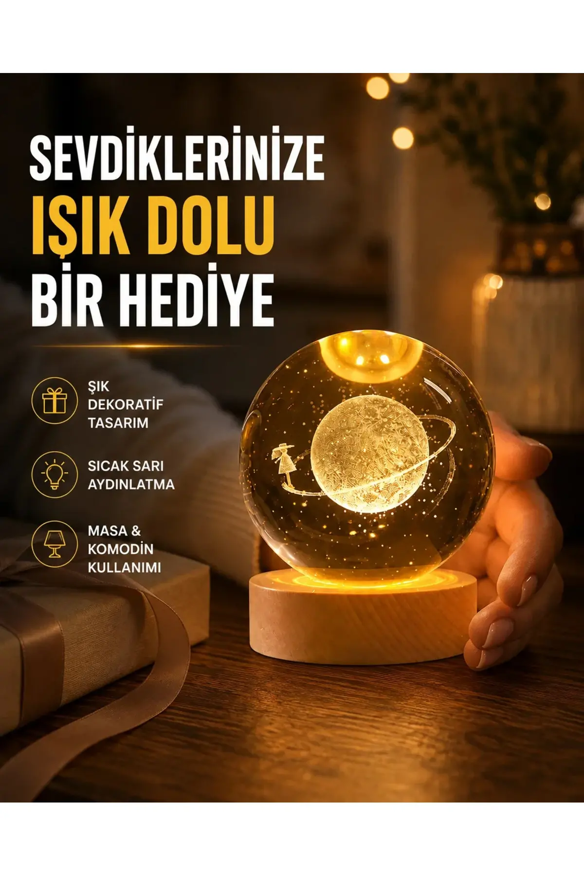 Ahşap Standlı Sarı Işıklı Dekoratif Küre Kız Figürü Tasarım