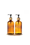 Amber Cam İkili Sıvı Sabunluk Seti 500 ml Bambu Altlıklı-2