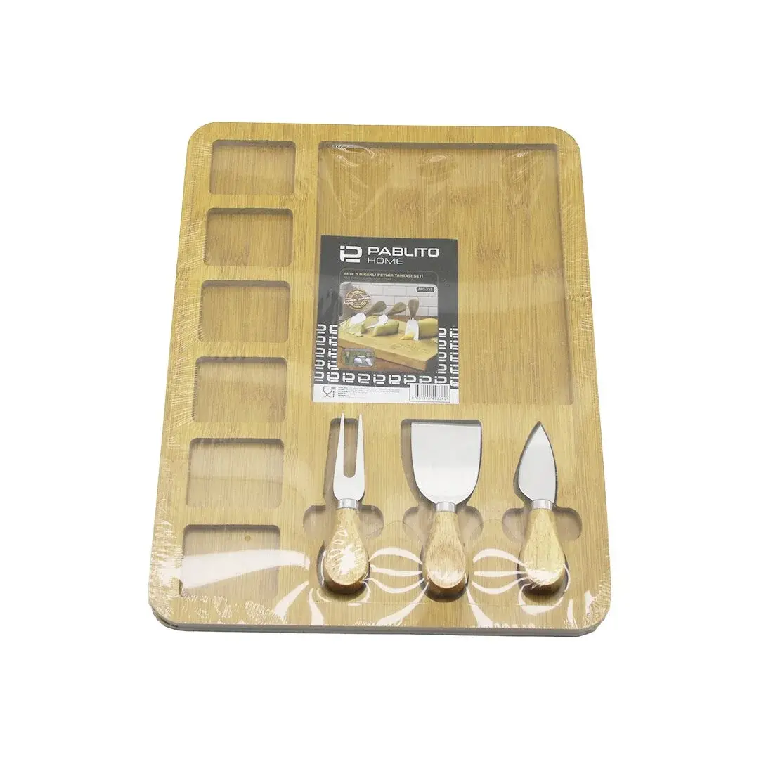 Dikdörtgen 6+1 Bölmeli Mdf Kahvaltı Peynir Sunum Panosu 3 Bıçak=ahşap Sap 30X39.5CM