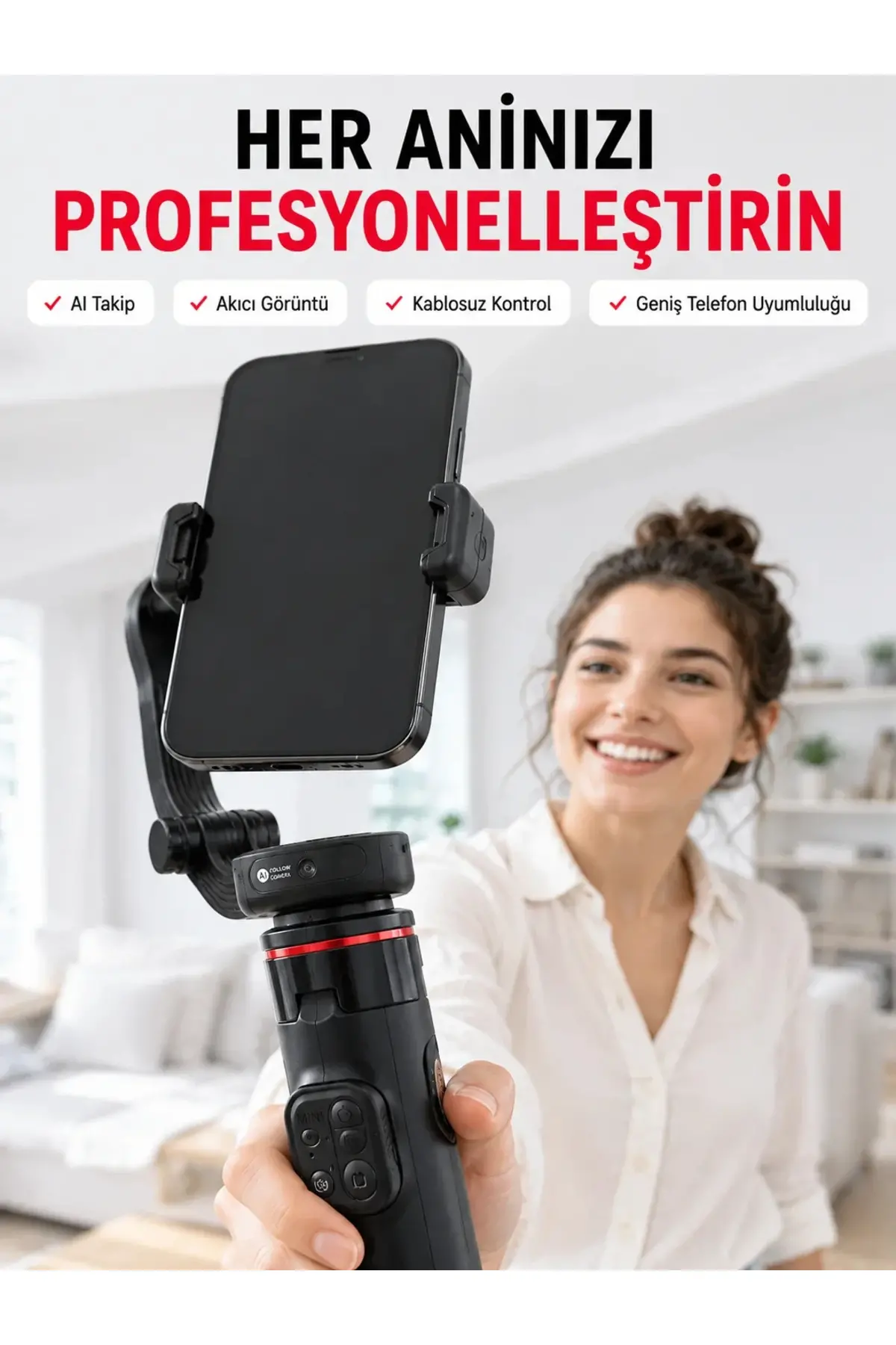 360° AI Akıllı Takipli Selfie Stick Gimbal Stabilizatör Bluetooth Kumandalı Uzayabilir Telefon Tripo
