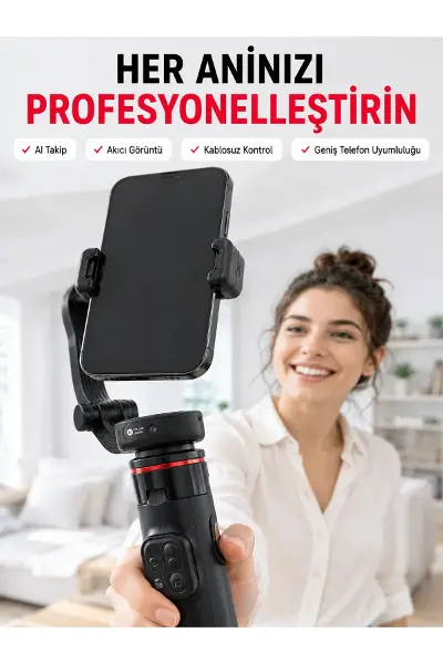 360° AI Akıllı Takipli Selfie Stick Gimbal Stabilizatör Bluetooth Kumandalı Uzayabilir Telefon Tripo
