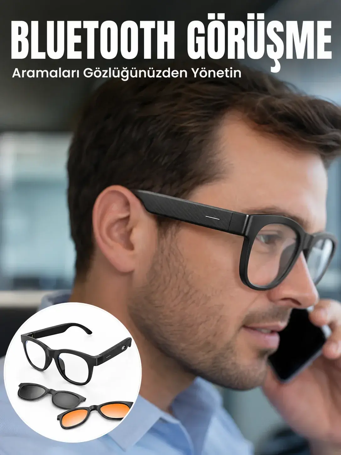 Yapay Zekâ Destekli Kablosuz Akıllı Gözlük Bluetooth Görüşme Müzik Dinleme ve Manyetik Şarj Özellikl
