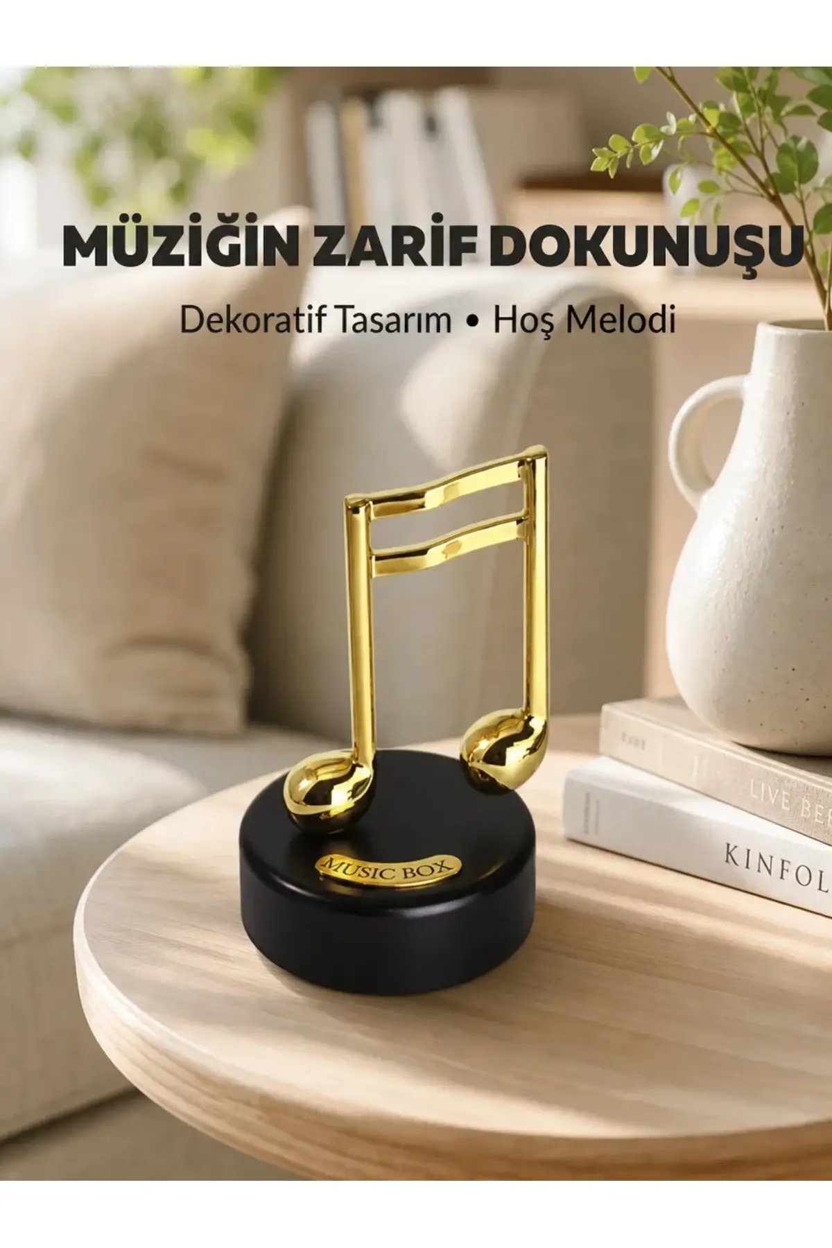 Altın Nota Figürlü Dönen Müzik Kutusu Dekoratif Music Box Yeni Nesil
