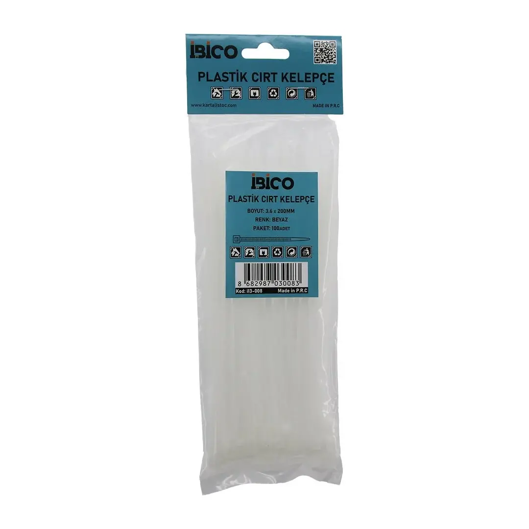 Beyaz 3.6X200MM Plastik Cırt Kelepçe 100PCS