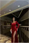 Kadın Şık Tasarım Kadife Kumaş Kare Yaka Taş Detaylı Abiye Elbise-2