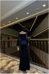 Kadın Şık Tasarım Kadife Kumaş Kare Yaka Taş Detaylı Abiye Elbise-8