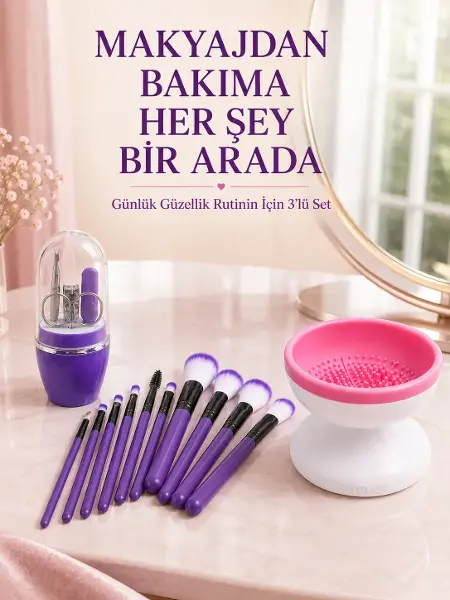 3’lü Güzellik ve Bakım Seti 12’li Mor Makyaj Fırçası Fırça Tezleme Cihazı ve Manikür Pedikür Tırnak