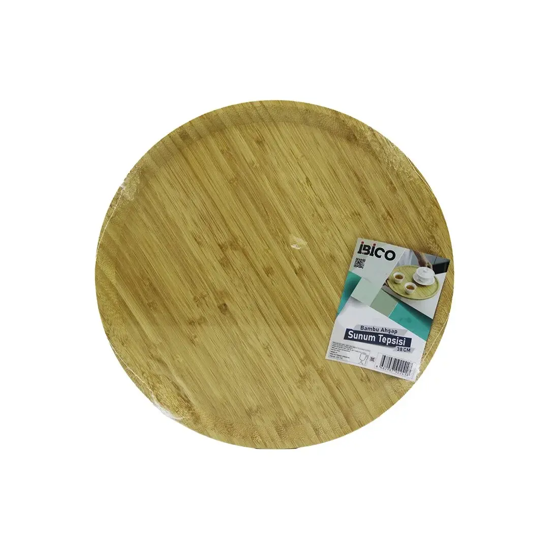 YUVARLAK=38CM Ahşap Bambu Servis Sunum Tepsi - Tahtası