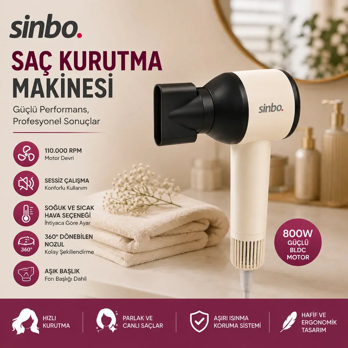 Pembe Saç Kurutma Makinesi 110.000 Rpm Sessiz Çalışma - 3 Hız - Sıcaklık Ayar SHD-1755