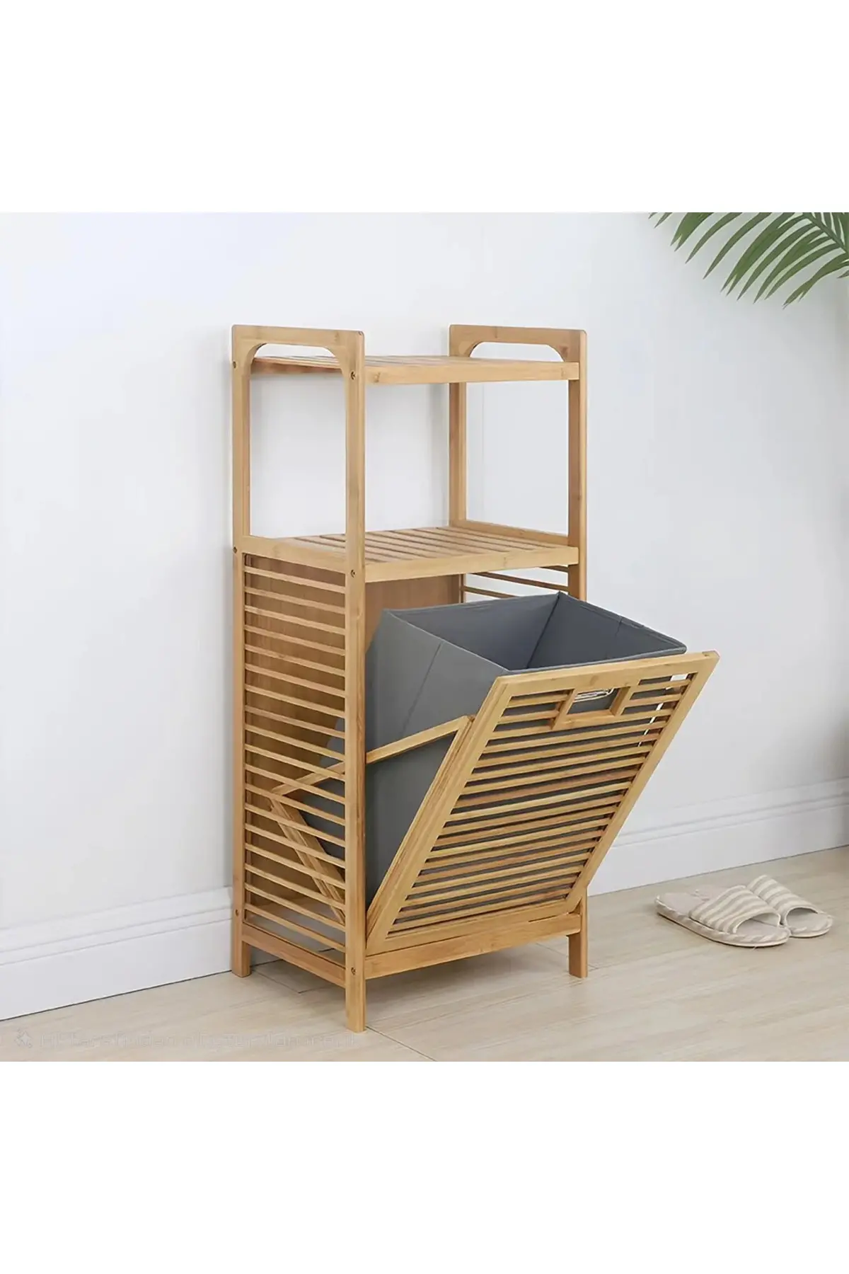 2 Organizer Raflı - Çek Aç Sepet Ahşap Bambu Kirli Çamaşır Sepet 40X35X95CM