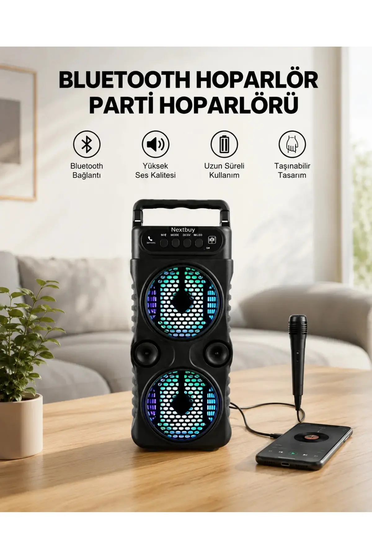 LED Işıklı Kablosuz Bluetooth Hoparlör Yüksek Ses Güçlü Bas Performansı Taşınabilir Şarjlı