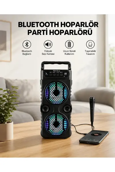 LED Işıklı Kablosuz Bluetooth Hoparlör Yüksek Ses Güçlü Bas Performansı Taşınabilir Şarjlı