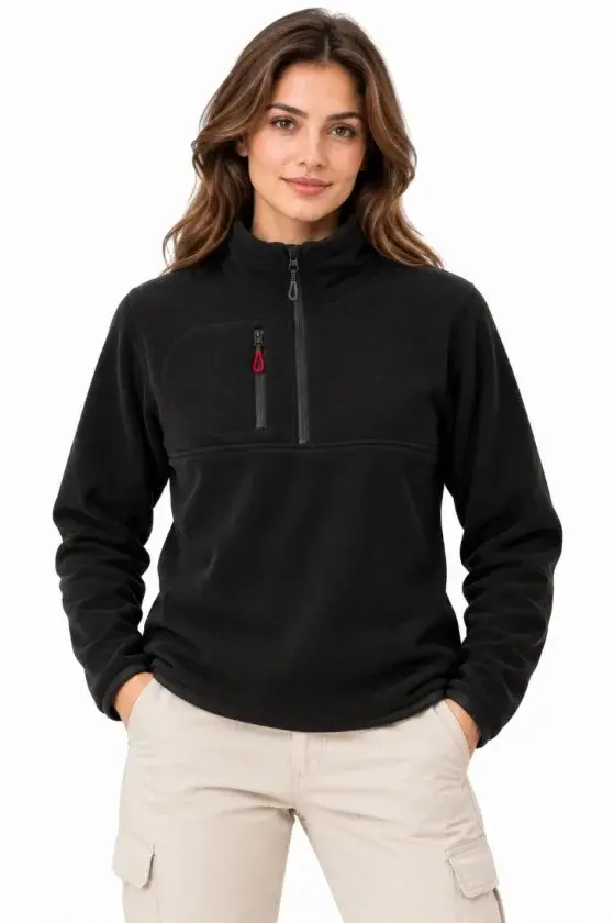 Polar Dik Yaka Yarım Fermuarlı Fermuarlı Göğüs Cepli Regular Fit Kışlık Sweatshirt - Siyah-1 Polar Dik Yaka Yarım Fermuarlı Fermuarlı Göğüs Cepli Regular Fit Kışlık Sweatshirt - Siyah-1