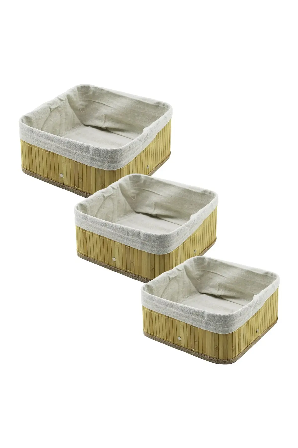 3 Boy Kare Bambu Kenar Organizer Sepet Ahşap Altlık - Bezli 17X17-21X21-26X26CM