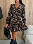 Kadın Uzun Kollu Kruvaze Yakalı Belden Bağcıklı Kısa Leopar Desenli Modal Elbise-2