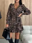Kadın Uzun Kollu Kruvaze Yakalı Belden Bağcıklı Kısa Leopar Desenli Modal Elbise-4