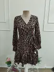 Kadın Uzun Kollu Kruvaze Yakalı Belden Bağcıklı Kısa Leopar Desenli Modal Elbise-5