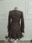 Kadın Uzun Kollu Kruvaze Yakalı Belden Bağcıklı Kısa Leopar Desenli Modal Elbise-7