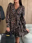 Kadın Uzun Kollu Kruvaze Yakalı Belden Bağcıklı Kısa Leopar Desenli Modal Elbise-1