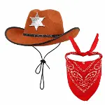 Çocuk Kovboy Şapka Rozetli Kahverengi Kırmızı Bandana Seti-2