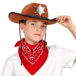 Çocuk Kovboy Şapka Rozetli Kahverengi Kırmızı Bandana Seti-1