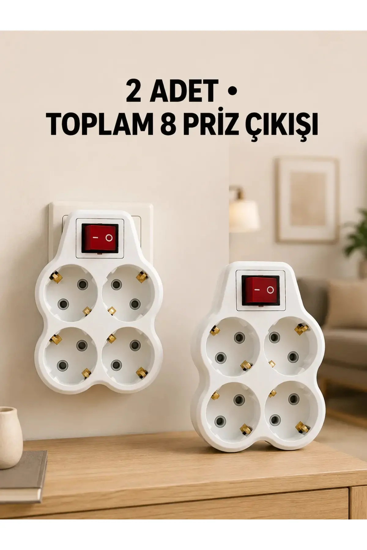 4’lü Priz Çoğaltıcı 2 Adet Set Kablosuz Duvar Tipi Anahtarlı Priz Çoklayıcı