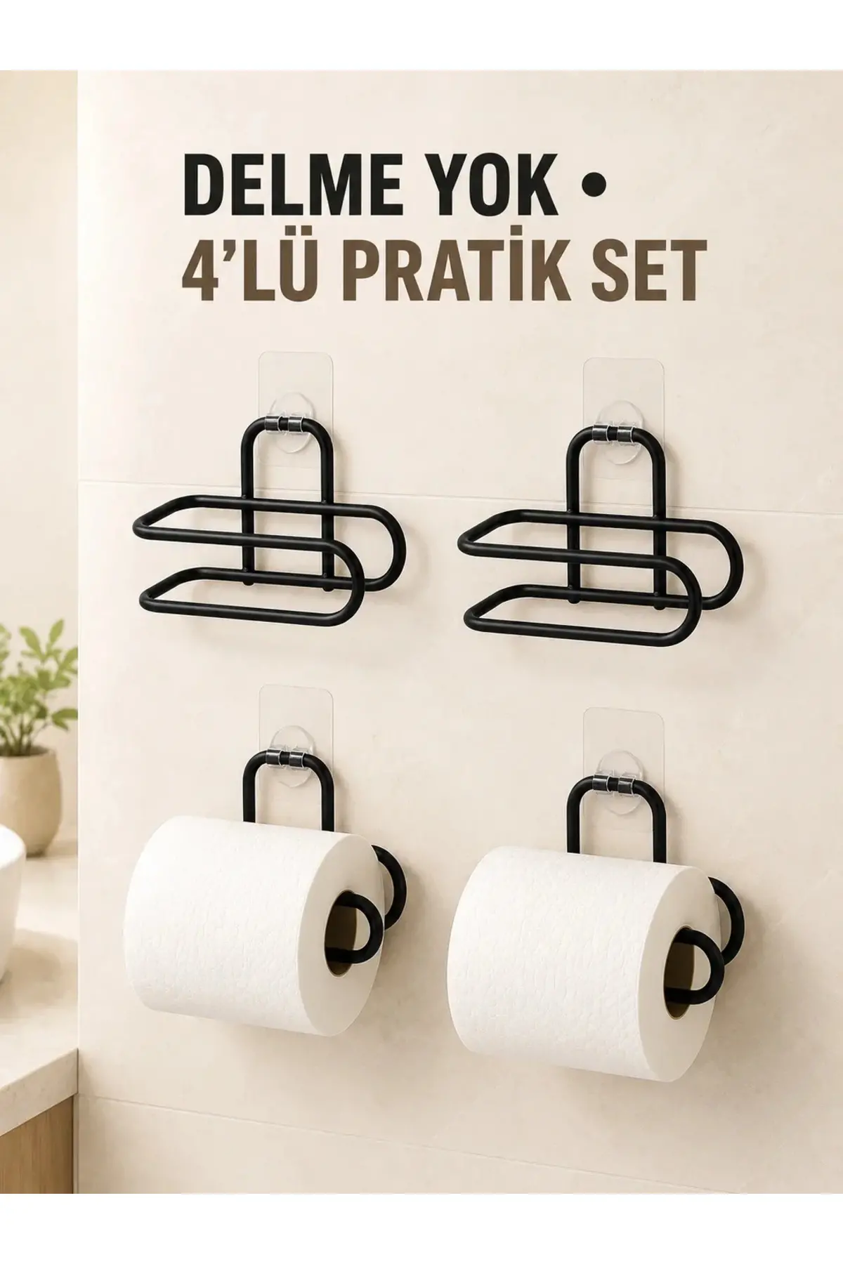 Siyah 4 Adet Metal Tuvalet Kağıdı Tutucu Kendinden Yapışkanlı Delmeden Montaj Banyo Askısı