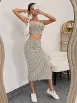 Kadın Kolsuz Askılı Crop Yırtmaçlı Midi Etek Fitilli Kaşkorse Takım-3